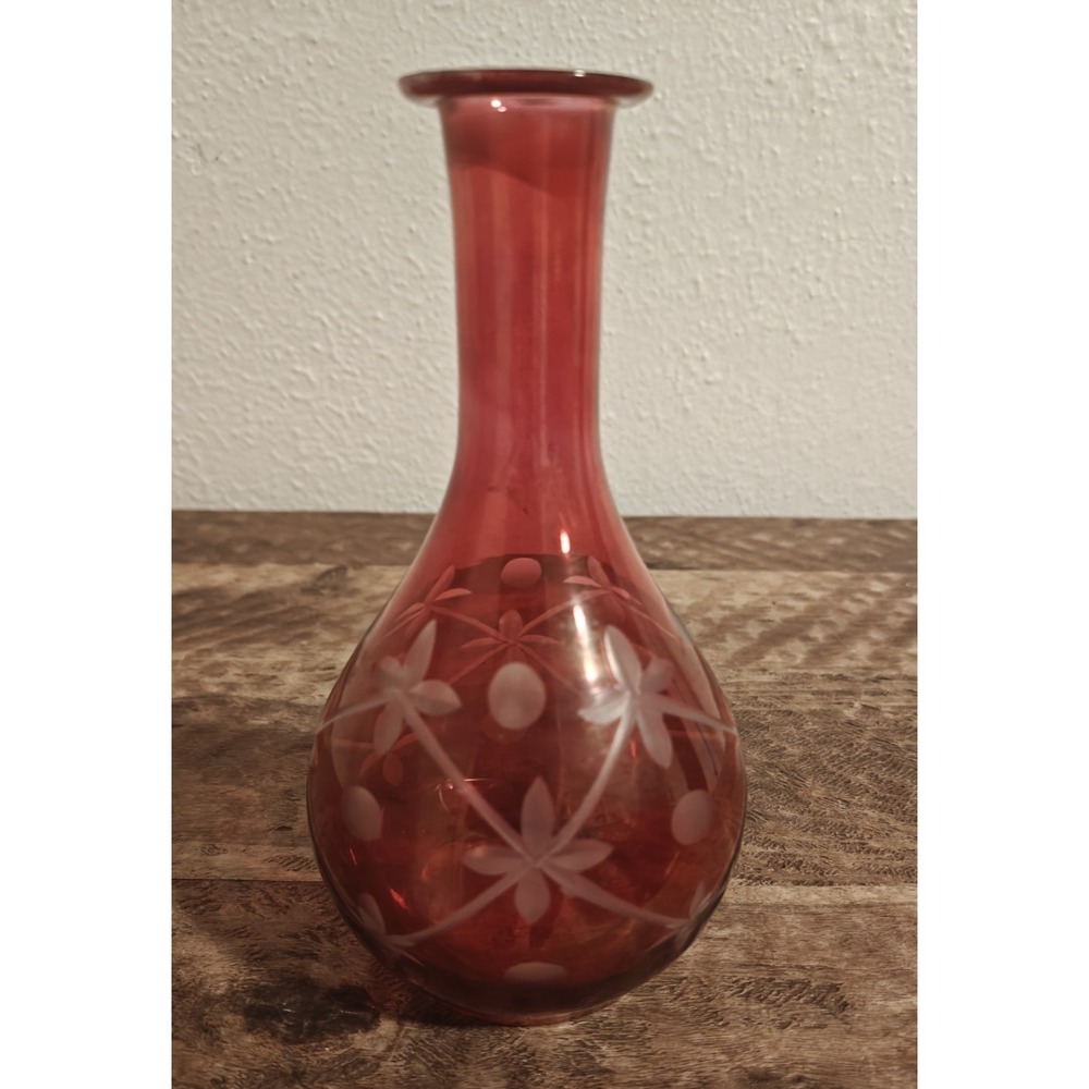 Vintage Cranberry Etched Vase Wine Decanter